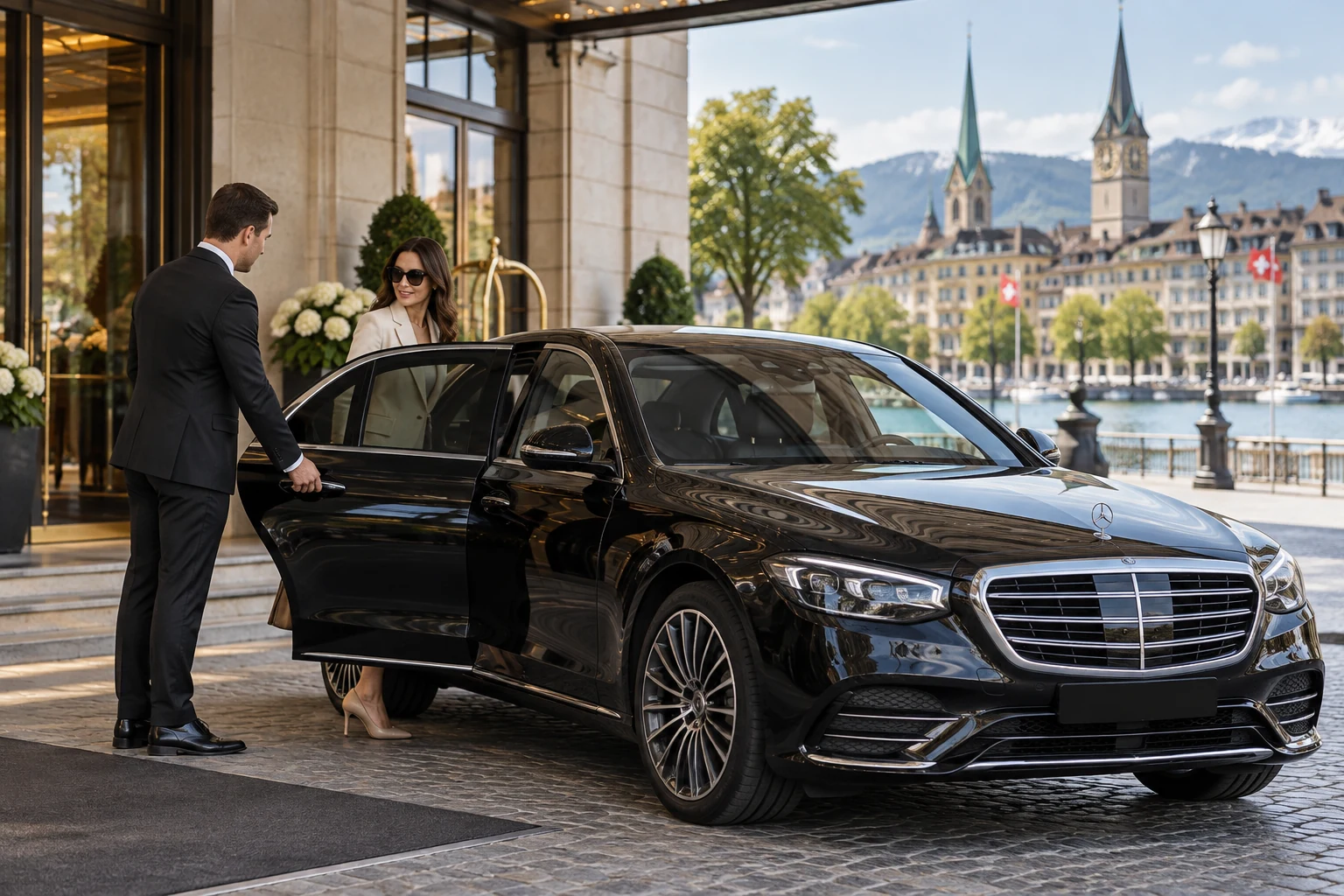 Chauffeur begrüsst einen Fahrgast neben einer Mercedes-Benz Limousine in Zürich